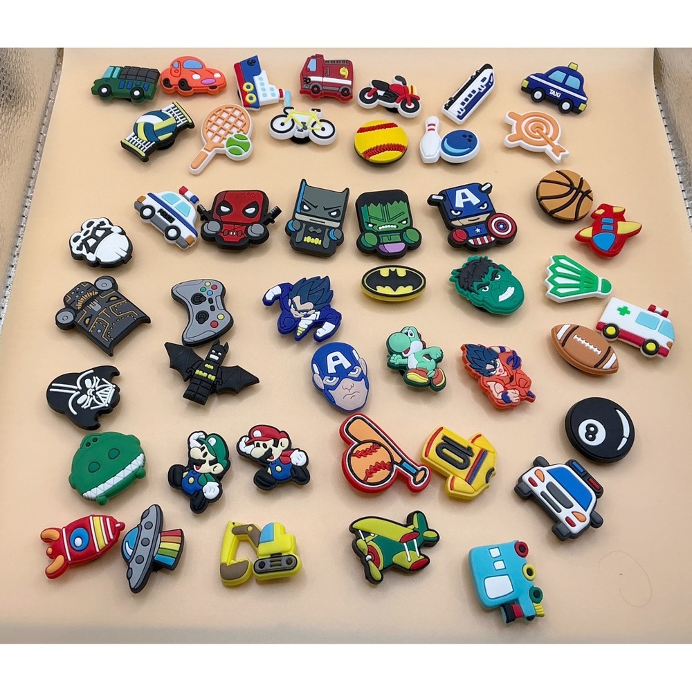 46 Croc Shoe Charms Lot Superheroes Star Wars Mario Sports Vehicles Unbranded